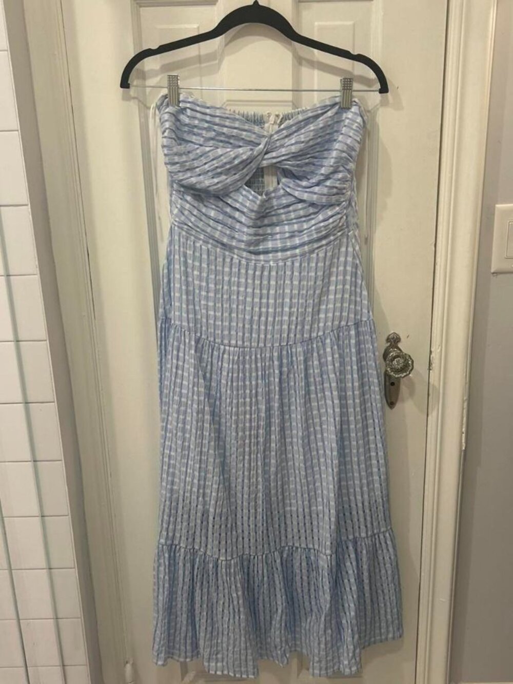 THML blue and white maxi gingham strapless dress